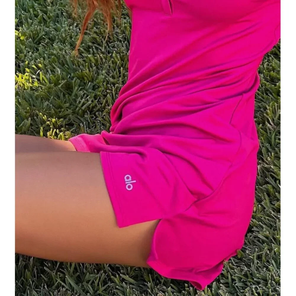 Alo Charmed Tennis Dress Magenta Crush Button-Up V-Neck Sleeveless Henley Mini L